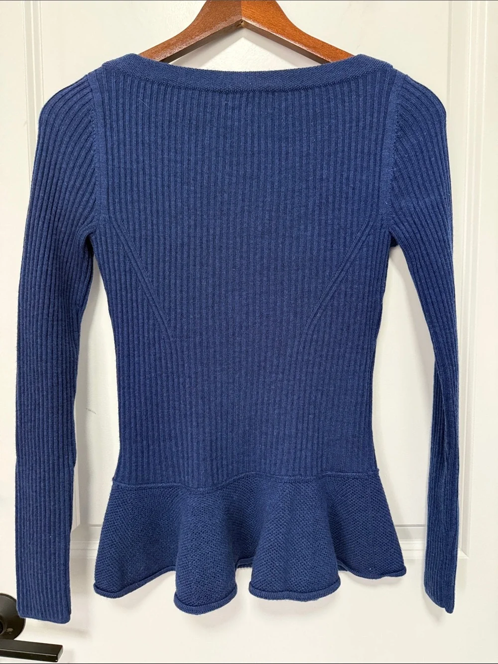 Tory Burch Blue Ramona Merino Wool Ribbed Peplum Sweater wide boat size Small